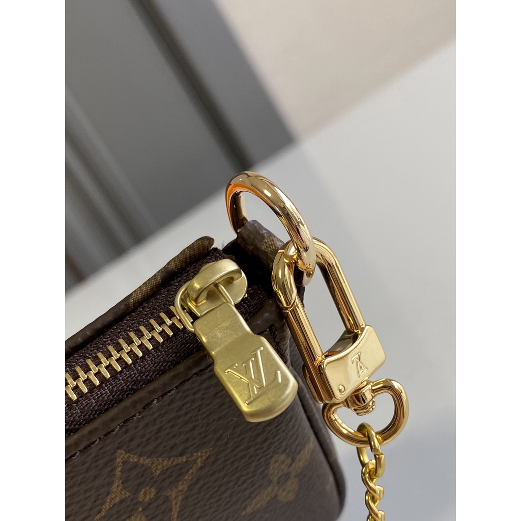 Túi MINI POCHETTE nữ da thật thời trang cao cấp Louis Vuitton LV thiết kế khóa kéo và dây xích vàng đẹp mắt
