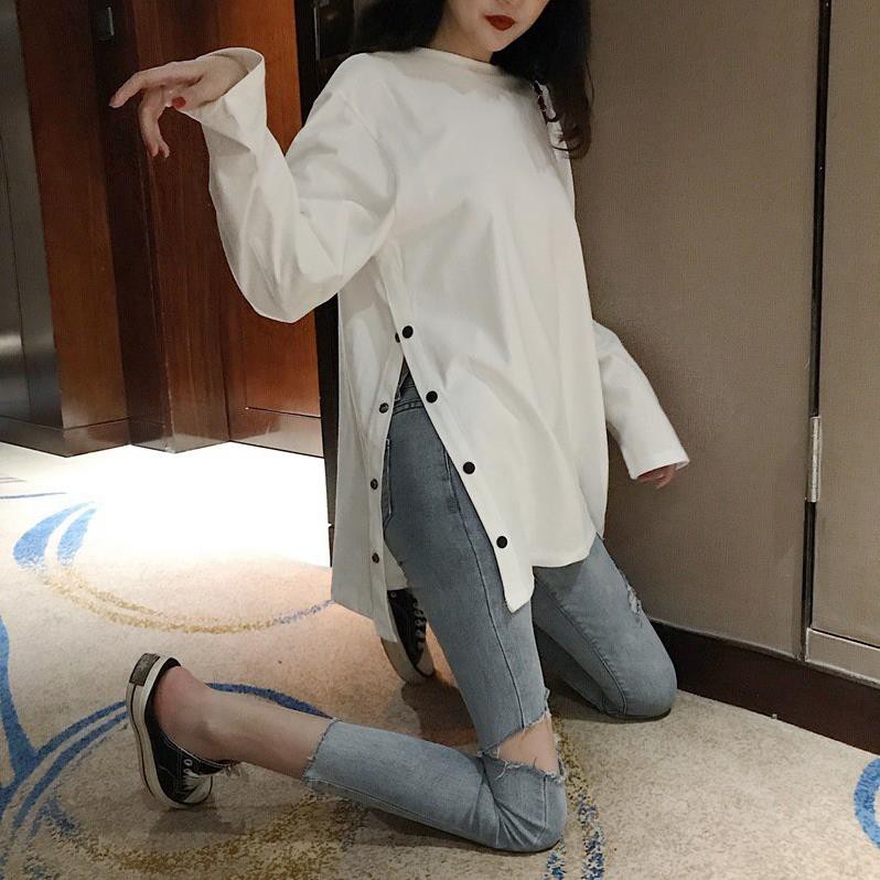 Áo thun nữ dài tay xẻ tà cotton phong cách unisex ulzzang Hàn Quốc C63 - Maoshop Đẹp