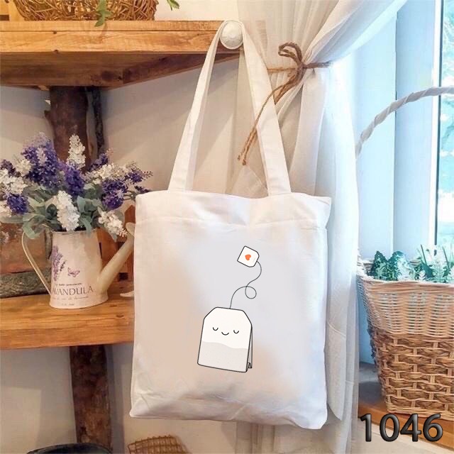 Túi Tote Vải Canvas Trắng Có Khóa Miệng In Họa Tiết Túi Trà 1046 Đeo Vai Đi Học Đi Du Lịch Cực Đẹp