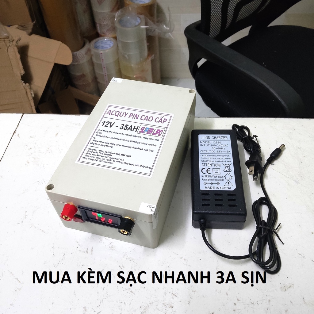 Bình ẮC QUY Pin SUPER LIPO 12V 35AH 100A. Chuyên dùng cho Kích điện, năng lượng mặt trời, máy bắt giun, pin xe điện...