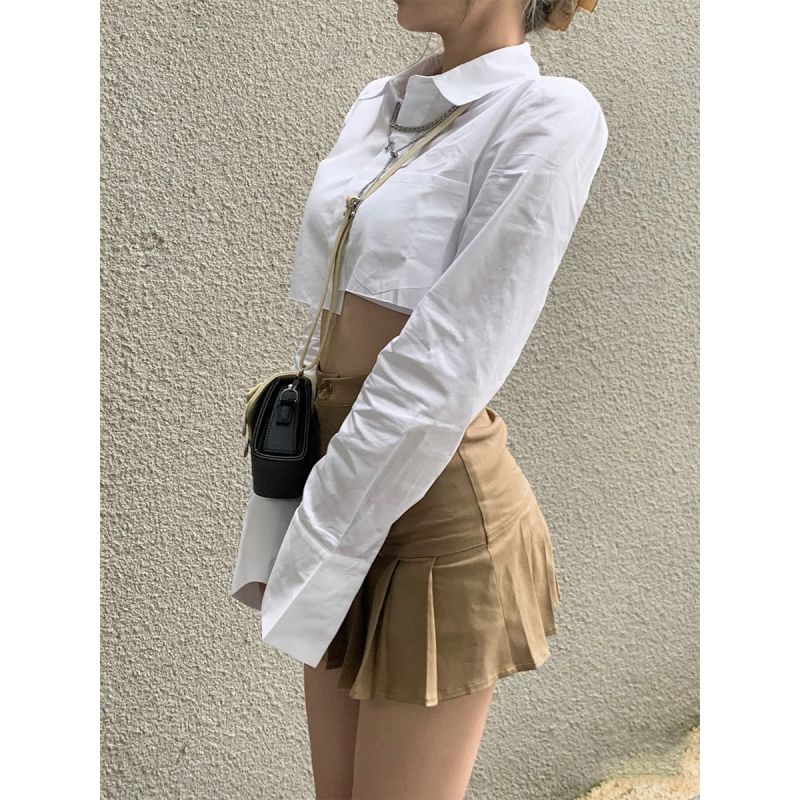 Set áo sơ mi hot girl dáng ngắn gợi cảm kiểu cách + chân váy ôm dáng cạp cao trẻ trung