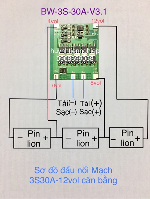 Mạch bảo vệ pin lion 3S 12V 30A, dùng cho pin lithium ion 3,7vol