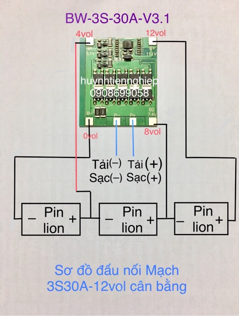 Mạch bảo vệ pin lion 3S 12V 30A, cân bằng cell.(pin 18650 hoặc pin 26650)