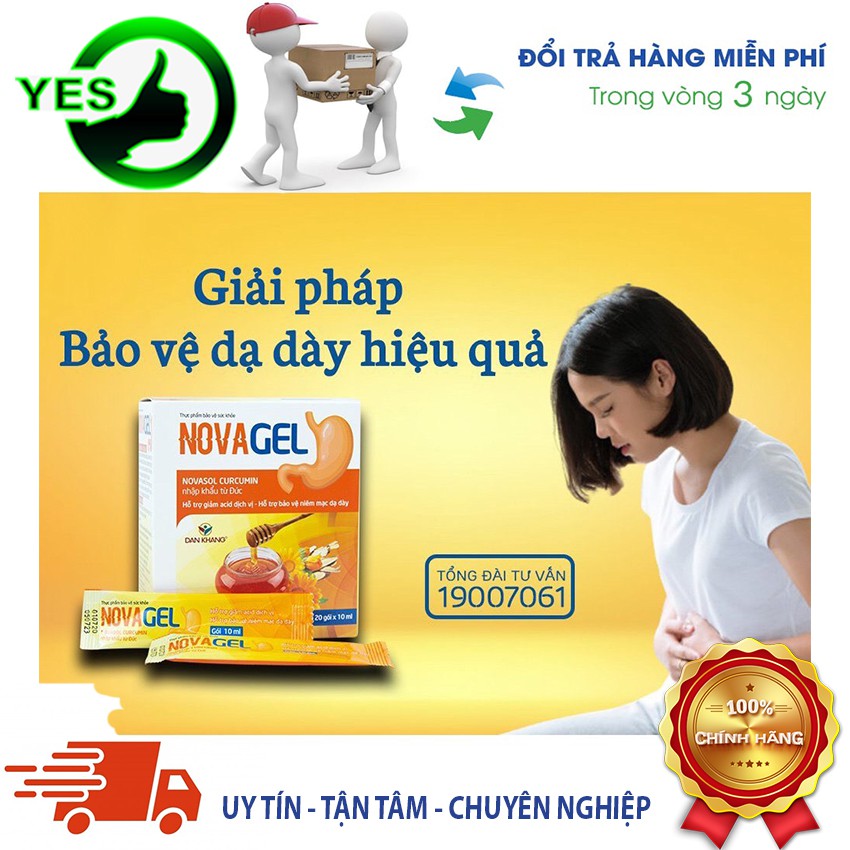 Novagel Novasol Curcumin hộp 20 gói hỗ trợ giảm acid dịch vị, bảo vệ niêm mạc dạ dày, yespharmacy