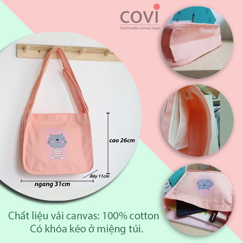 Túi Tote Đeo Chéo, Đeo Vai, Vải Canvas, Vải Bố Quai Liền Phối 3 hạt nút Thương Hiệu COVI Màu hồng, đen, xanh