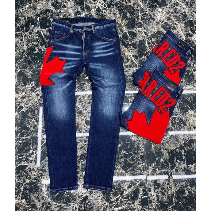 Quần Jeans Nam DSQ.2 xanh mài ống côn-Thêh lá phong đỏ💥CHUẨN 1/1💥Quần bò DSQ Nam vải bò nhập khẩu-Thêu chữ DSQ đỏ New