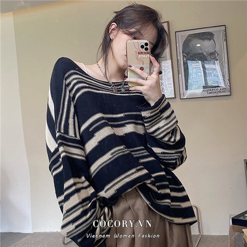 Cocory vn  Áo dệt kim dài tay cổ tròn dáng rộng họa tiết kẻ sọc phong cách retro trẻ trung cho nữ | BigBuy360 - bigbuy360.vn
