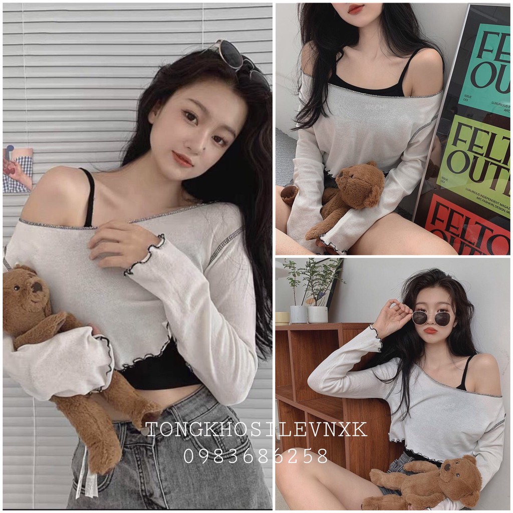 (SHOCK RẺ) SET CROPTOP LỆCH VAI VIỀN BÈO NỮ - ÁO THUN GIẤY CROPTOP DÀI TAY TRẮNG VIỀN CHỈ MIX ÁO 2 DÂY ĐEN | WebRaoVat - webraovat.net.vn