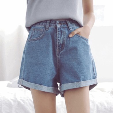 SUXI Quần jeans ngắn ống rộng phong cách Hàn Quốc