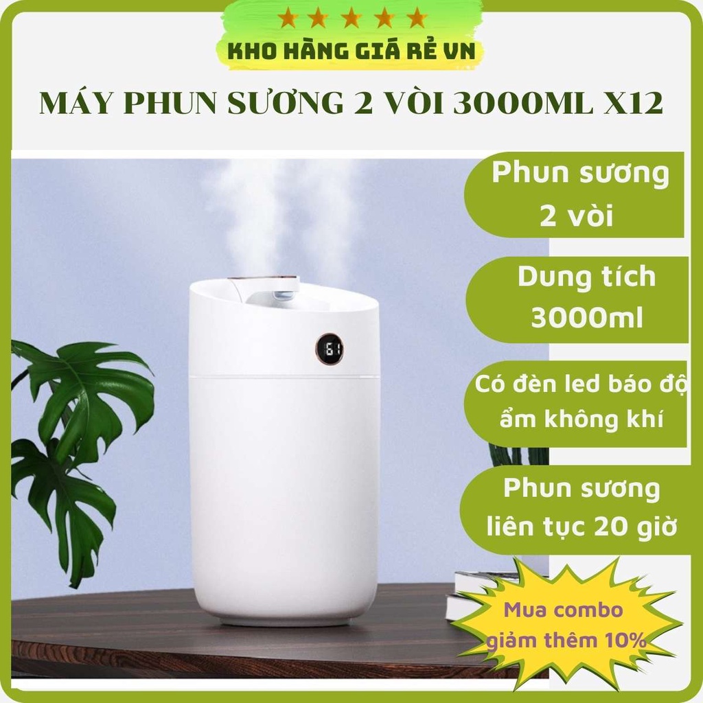 Máy phun sương 3000ml X12 có đèn led báo độ ẩm không khí