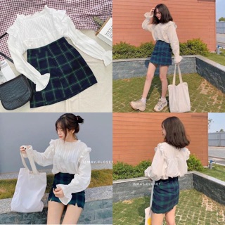 💥 Set áo xô trắng phối bèo vai tay loe + chân váy caro💥