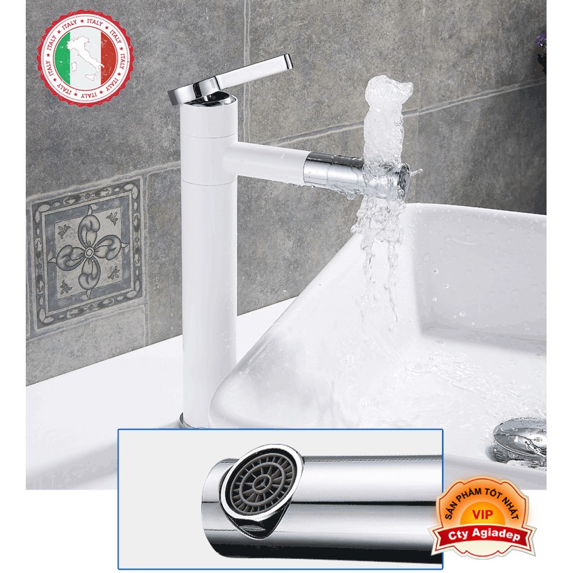 Vòi Lavabo nóng lạnh (Bóng kính, chân cao) + 2 dây cấp - Siêu cấp ITALIA