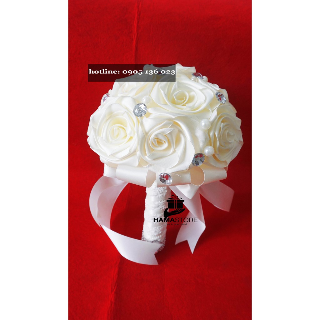 BÓ HOA CƯỚI CẦM TAY CÔ DÂU HOA HỒNG VẢI LỤA SATIN ĐIỂM HẠT CƯỜM HẠT CHÂU SHOP XU HƯỚNG CƯỚI, HOA CƯỚI GIÁ RẺ DƯỚI 300K