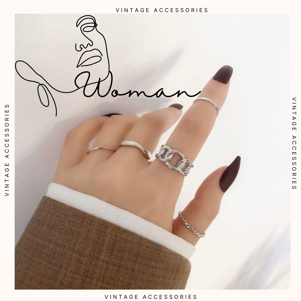 Bộ Nhẫn, Set Nhẫn 5 món Dạng Xoắn, Dạng Mỏng Basic tại Women Accessories W36