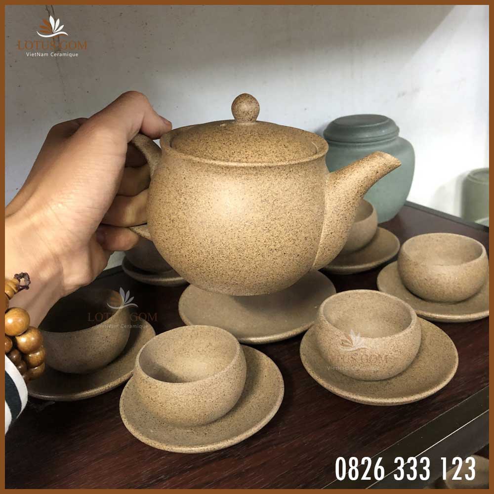 Bộ Ấm Trà Đẹp Làm Quà Tặng - Ấm Trà Tử Sa Quai Ngang Bát Tràng Kèm Hộp
