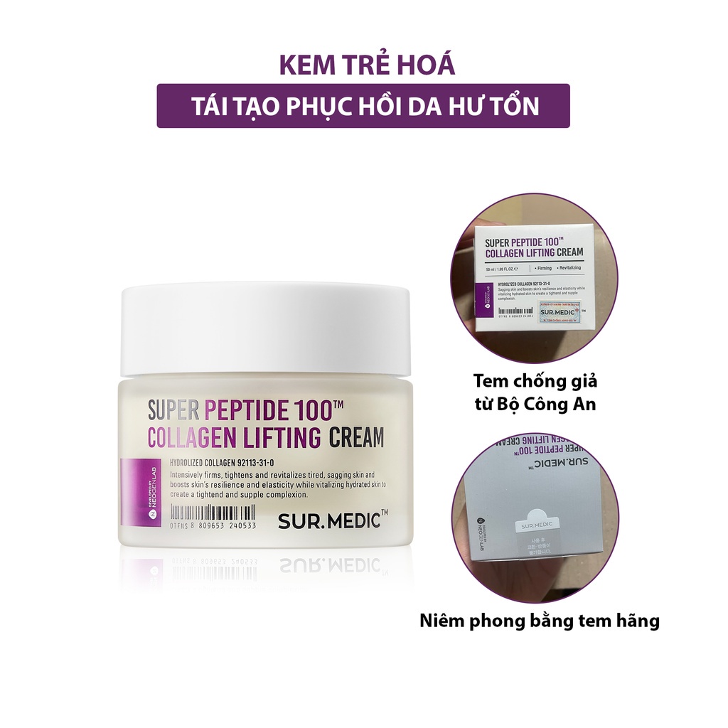 Combo Tinh Chất Trẻ Hoá Da & Kem Dưỡng Trẻ Hoá Phục Hồi Da Hư Tổn SUR MEDIC Super Peptide 100tm Collagen Lifting 50ml A0
