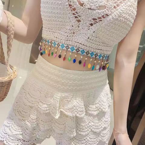 Đồ bơi 3 mảnh bikini đi biển sexy váy bơi nữ len móc cá tính kín đáo