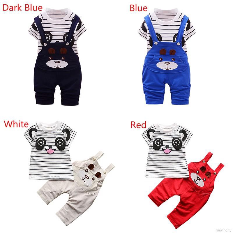 Set áo thun kẻ sọc + quần yếm hình gấu trúc cho bé