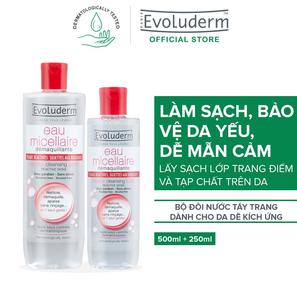 Bộ nước tẩy trang Evoluderm dành cho da Mẫn Cảm và Kích ứng 250ml + 500ml