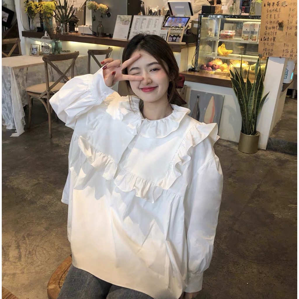 Áo sơ mi trắng form rộng babydoll cổ bèo tay phồng kiểu Hàn Quốc, babydoll trắng phối bèo tay phồng dễ thương