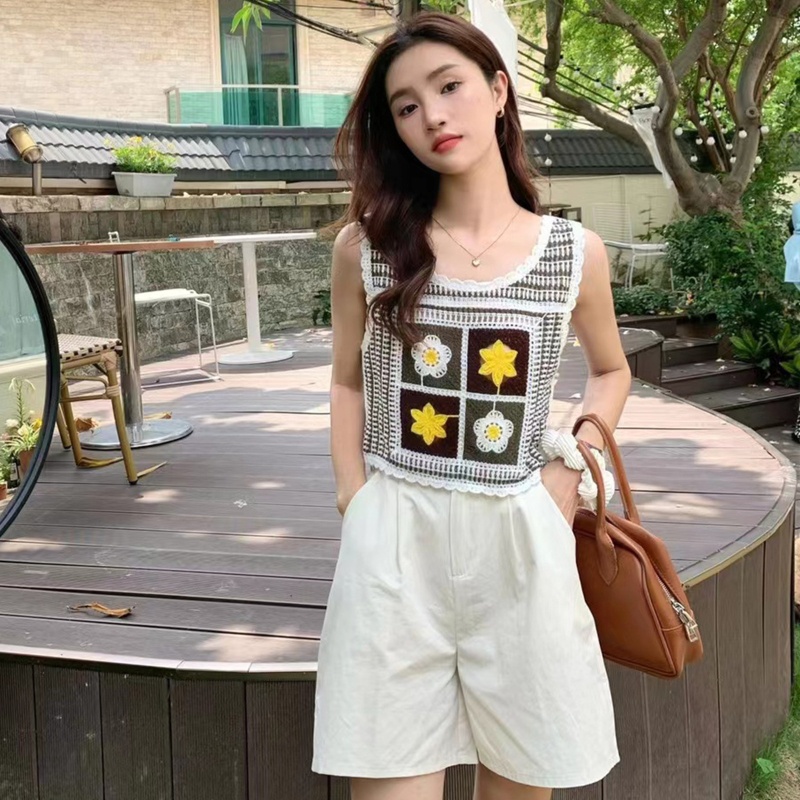 Áo Croptop Dệt Kim Sát Nách Thêu Họa Tiết Hoa Màu Sắc Tương Phản Thời Trang Mùa Hè Cho Nữ