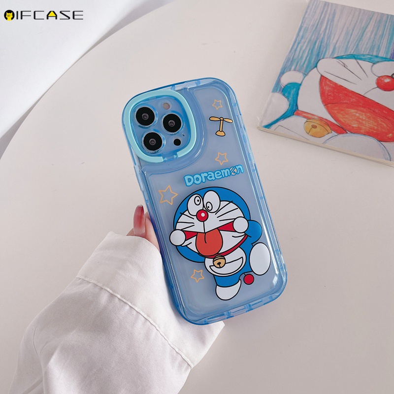 Ốp Điện Thoại Dẻo Trong Suốt Họa Tiết Hoạt Hình Doremon Kèm Giá Đỡ Kiểu Camera Cho iPhone 13 12 11 Pro Max