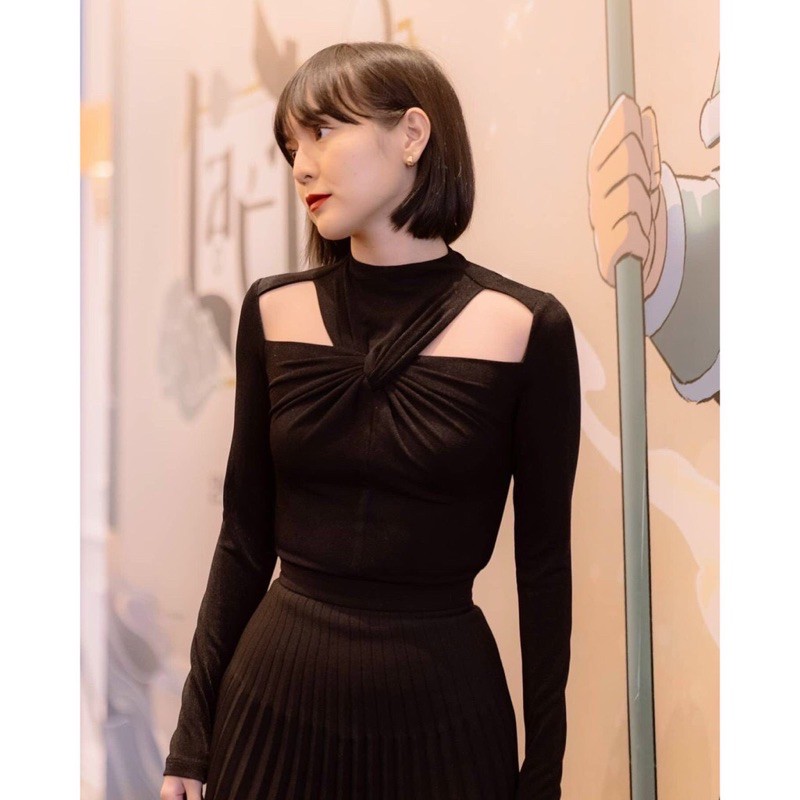 Áo kiểu tay dài xoắn cổ hở quoai xanh cực xinh , chất thun bozip mềm mịn