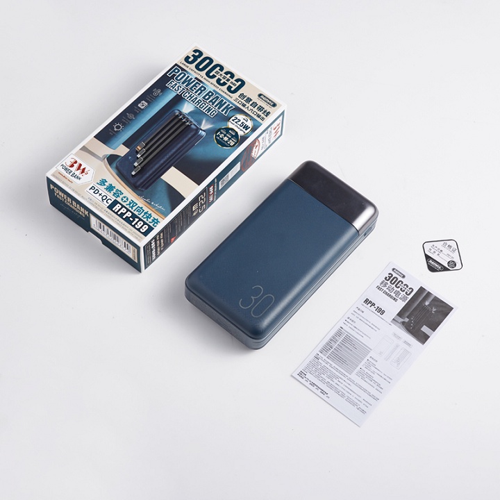 Pin dự phòng sạc nhanh Remax RPP-199 30000mAh hỗ trợ QC3.0 PD 20W tích hợp 04 cáp sạc vào, ra đa năng Max 22.5W