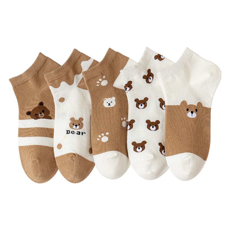 Tất nữ Hàn Quốc cổ ngắn cute set 5 đôi họa tiết hoạt hình chống trơn chống trượt A311 Warm&amp;Cute