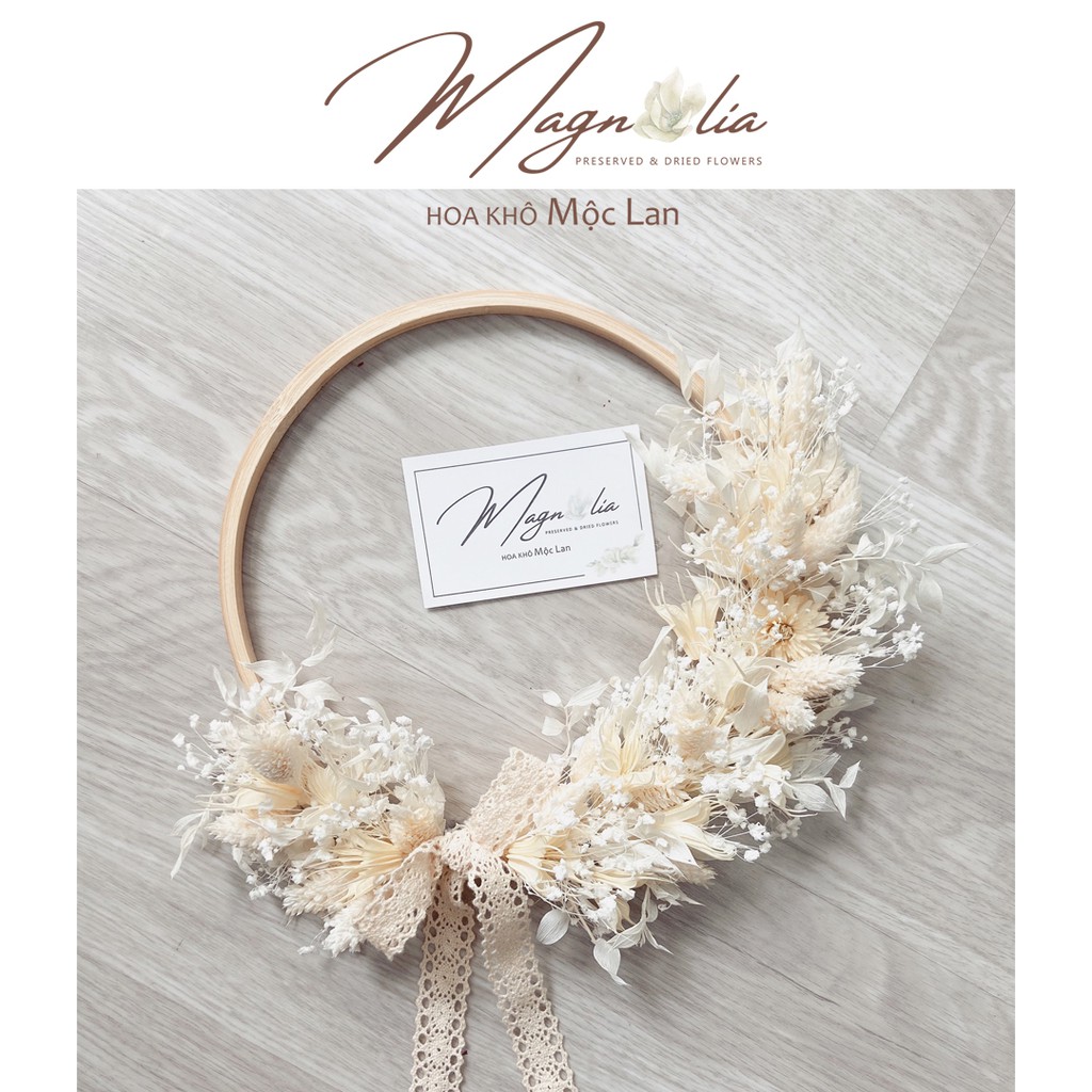 Vòng hoa khô trang trí tranh treo tường tone trắng kem, decor phòng ngủ, chụp ảnh sản phẩm, quà tặng sinh nhật độc đáo