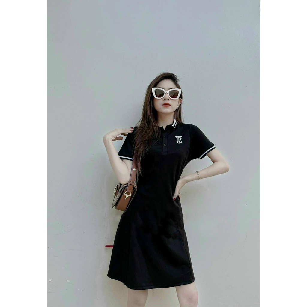 Đầm Thun Nữ Đen Cổ Polo Freesize Viền Thêu Chữ Dáng Suông Cá Tính Dễ Thương Dùng Đi Tiệc Nhẹ Đi Biển Đi Chơi Hẹn Hò