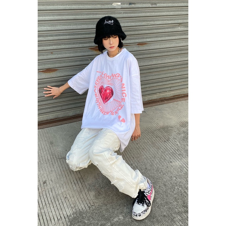 Áo thun nữ ngắn tay in hình trái tim phong cách Hàn Quốc