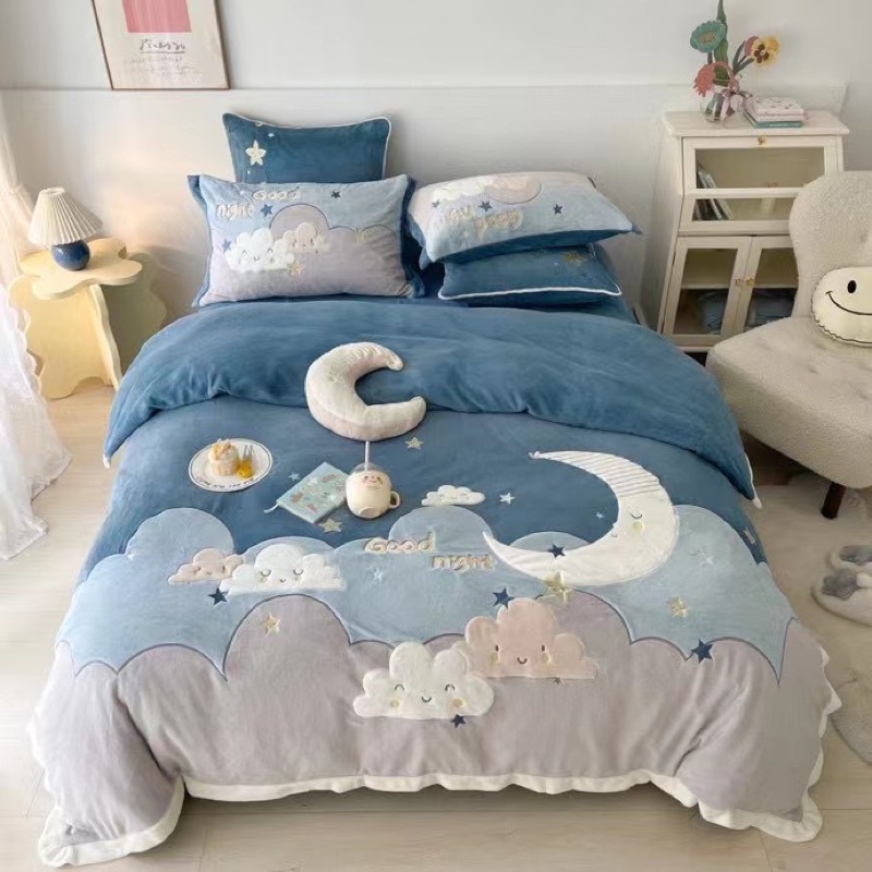 BỘ CHĂN GA NỈ NHUNG SỮA MẪU SAO TRĂNG XINH XẮN , CHĂN GA HÌNH CUTE CHO BÉ