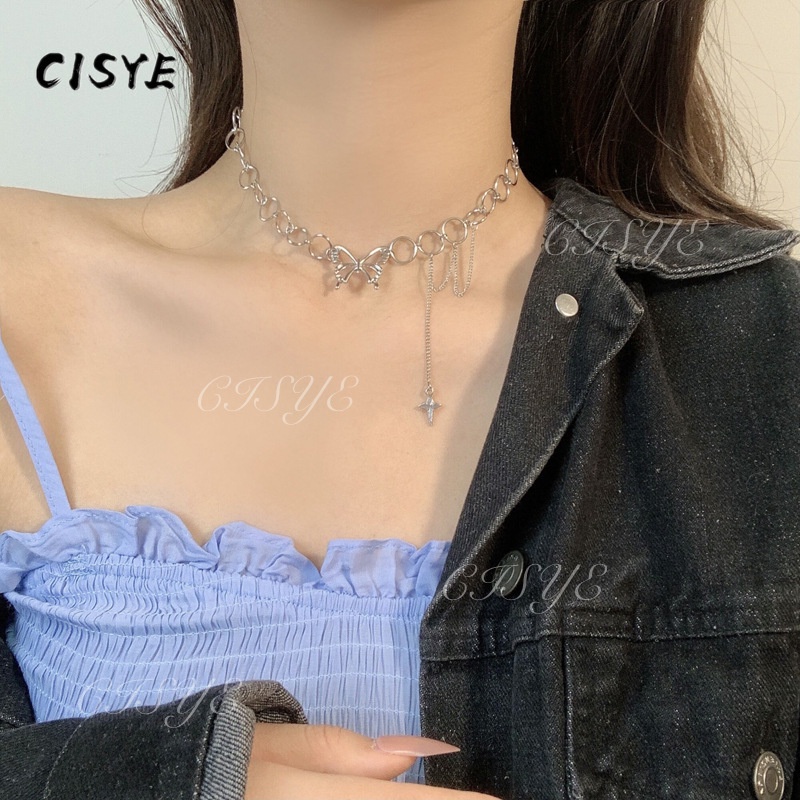 Vòng cổ Choker mặt tròn hình bướm phong cách Hip Hop dành cho nữ