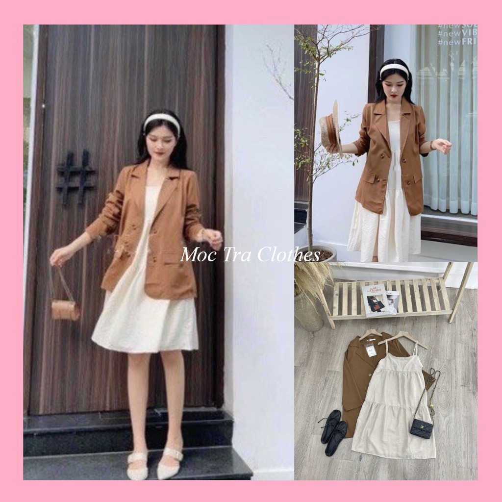 Set combo váy hai dây suông be vintage kèm áo khoác vest blazer siêu xinh, Set vest nữ rẻ đẹp thích hợp đi dạo đi chơi