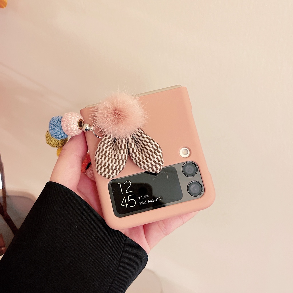 Ốp điện thoại PC cứng nắp lật chống sốc có dây đeo tay hình tai thỏ thời trang cho Samsung Galaxy Z Flip 3 5G ZFlip3
