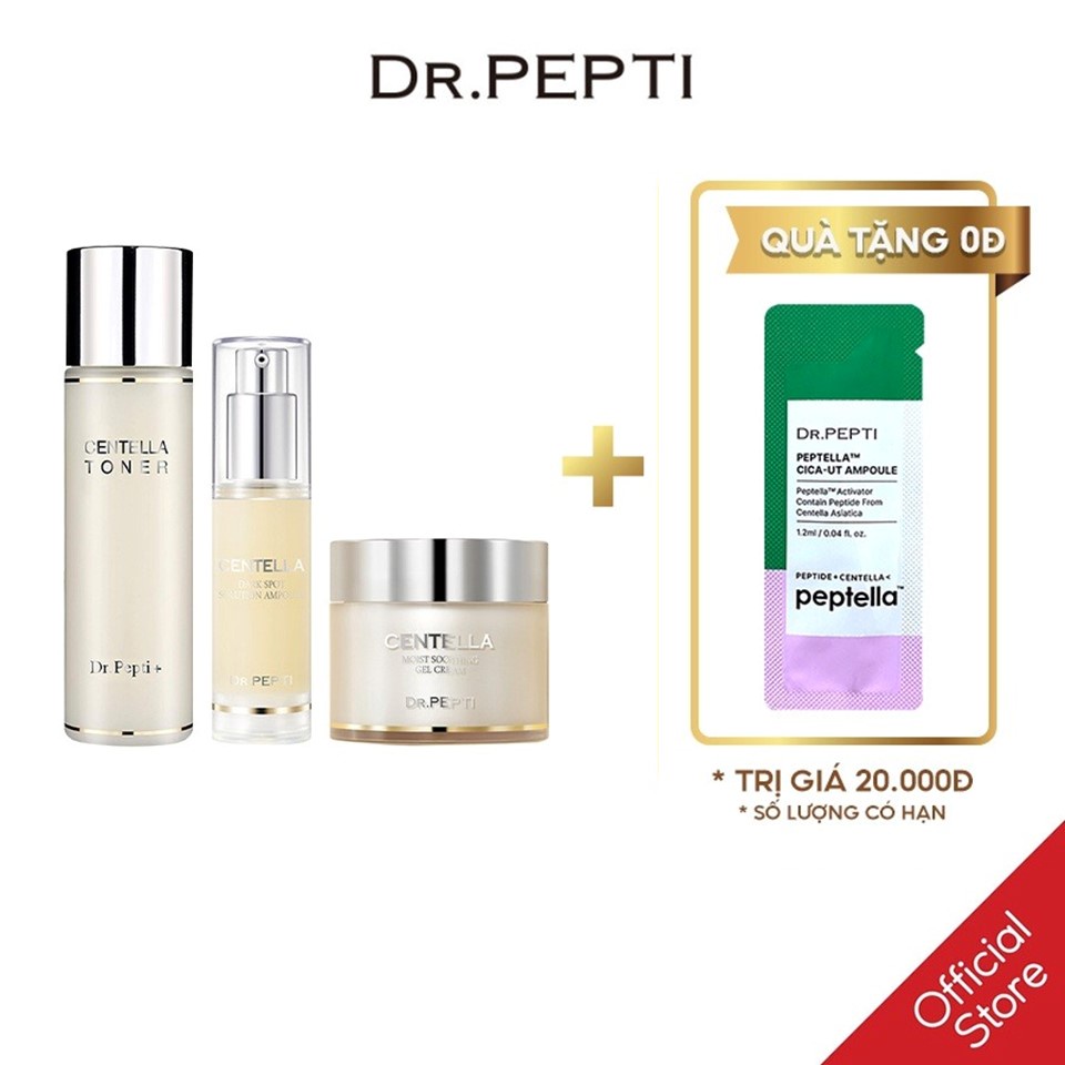 Bộ 3 Dr.Pepti Centella - Toner Dưỡng Da Căng Bóng 180ml - Tinh Chất Dưỡng Trắng 30ml - Kem Dưỡng Ẩm Làm Dịu Da 70ml