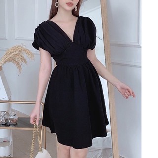 Đầm nữ, váy đi tiệc xòe cổ V hở lưng tay ngắn cột dây xinh xắn