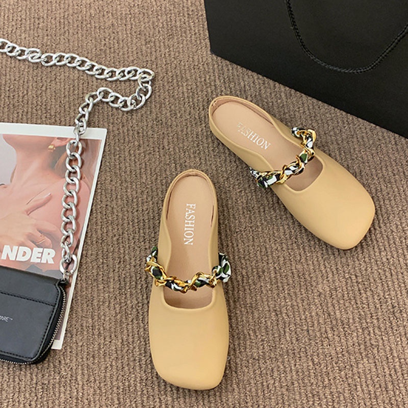 Dép xỏ ngón XIELUAIZTA đế thấp phối dây xích kim loại thời trang Hàn Quốc cho nữ