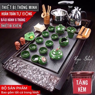 Bộ Bàn trà điện thông minh , khay trà đạo khung gỗ đục vuông mặt đá sứ , bếp đun nước tự động cảm ứng inox đa năng MĐ-04
