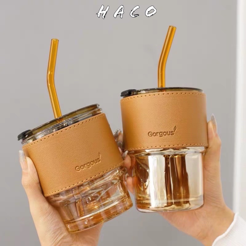 Cốc thuỷ tinh vỏ da có nắp và ống hút, ly uống nước đẹp dung tích 450ml