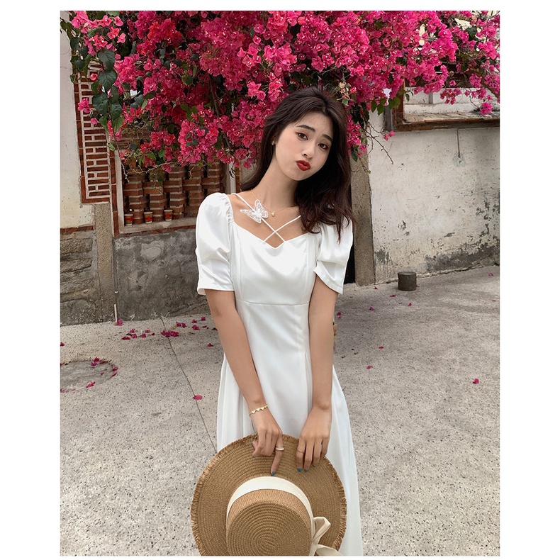 Đầm Trắng Mỏng Cổ Vuông Kiểu Pháp Mới Đầm Chữ A Tay Phồng Quyến Rũ Thời Trang Hàn Quốc