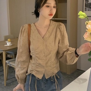 Áo sơ mi bằng vải nhung kẻ cổ chữ V phối dây rút phong cách Hàn Quốc thiết kế thời trang cho nữ 21907