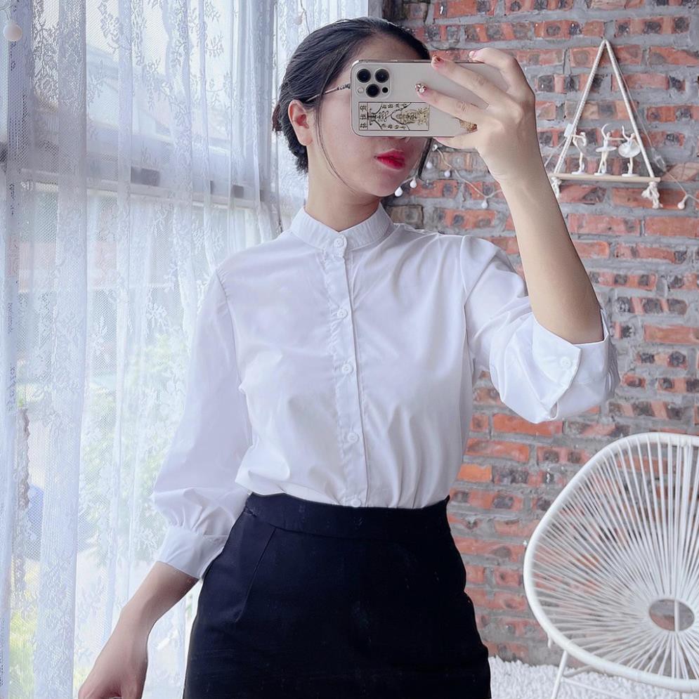 Áo sơ mi trắng nữ MADELA cổ tàu dài tay phồng,  Áo Sơ mi kiểu điệu nữ form rộng đẹp phong cách hàn quốc - ASM01