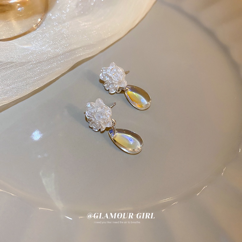 Khuyên Tai Hình Giọt Nước Đính Hoa Hồng Trắng Nhiều Màu Phong Cách Hàn Quốc Cho Nữ