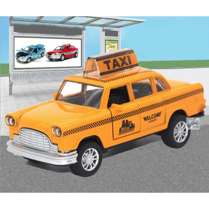 Xe ô tô taxi mini màu vàng tỉ lệ 1:36 bằng sắt mở được cửa có đèn và âm thanh