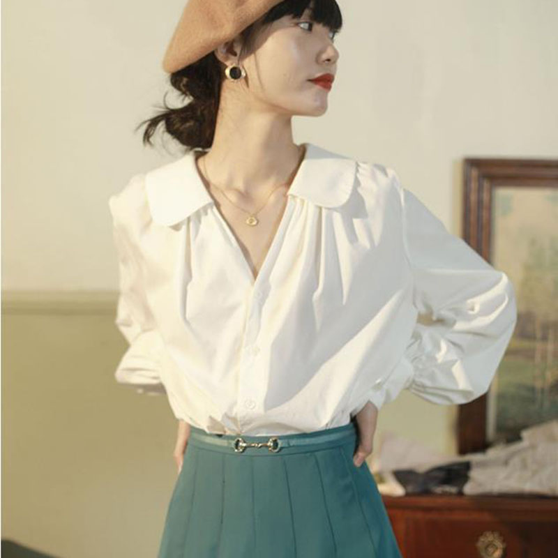 IELGY Áo kiểu tay dài cổ bèo thanh lịch thời trang dành cho nữ