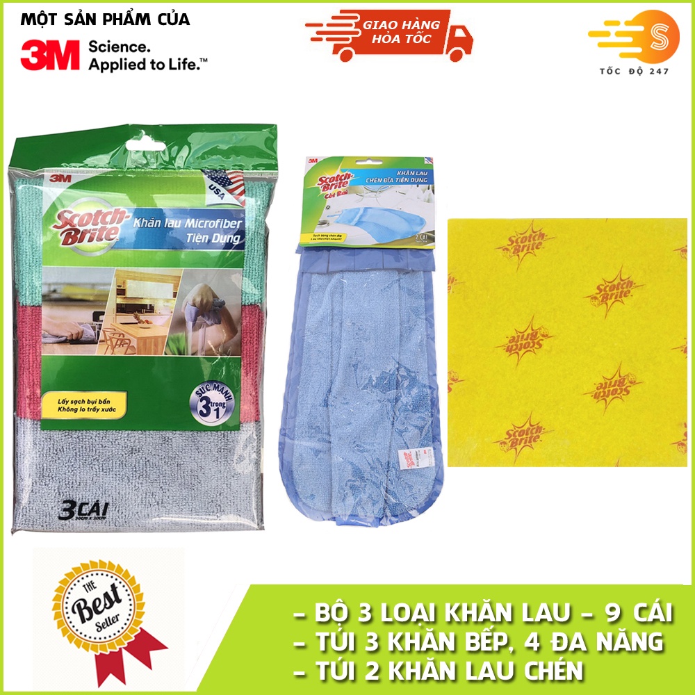 Bộ 3 món khăn lau gồm gói 2 khăn lau chén, gói 4 khăn lau đa năng và gói 3 khăn lau bếp Scotch-Brite 3M CB-KL1