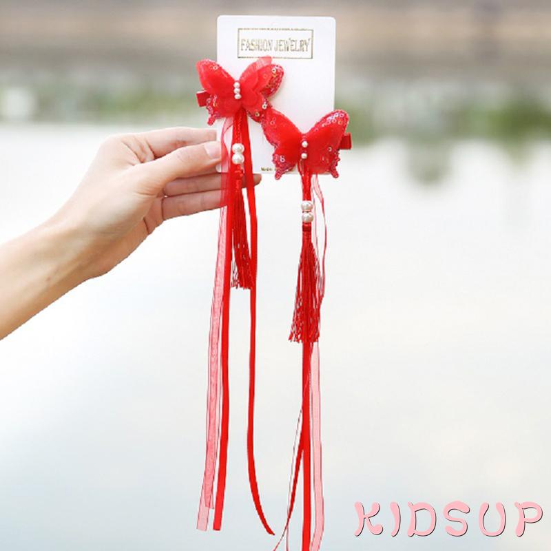 Kẹp tóc hình bươm bướm đính hạt phối tua rua dễ thương cho bé