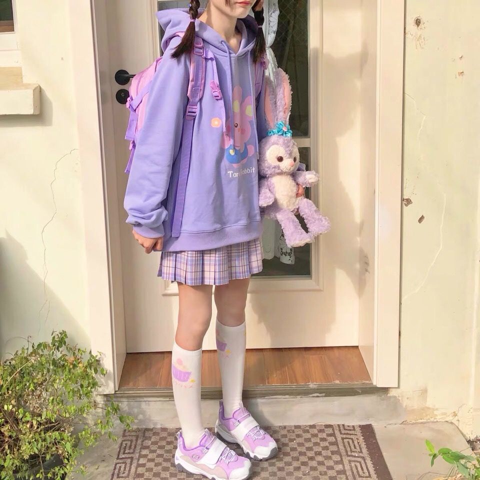 Mới Áo Hoodie Nhung Dáng Rộng In Họa Tiết Thỏ Xinh Xắn Dành Cho Nữ